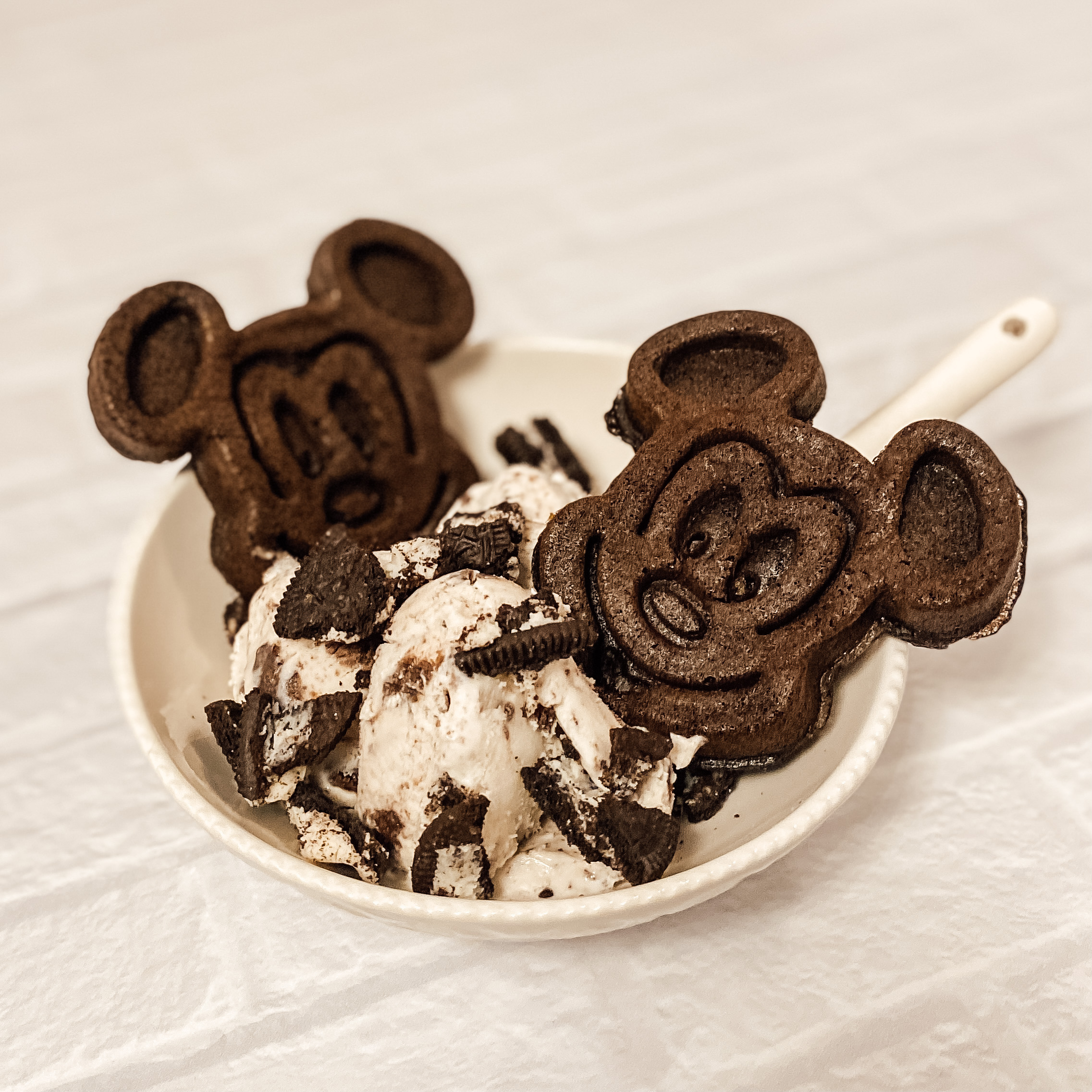 Cookies & Cream Mickey Waffle Sundae in a bowl