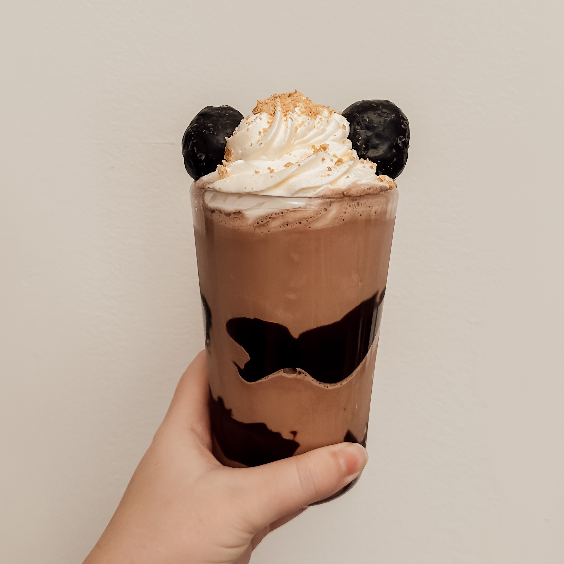 Asteroid Shake (chocolate milkshake in glass with hot fudge stripes. Topped with whipped cream, graham cracker crumbs, and chocolate doughnut holes)