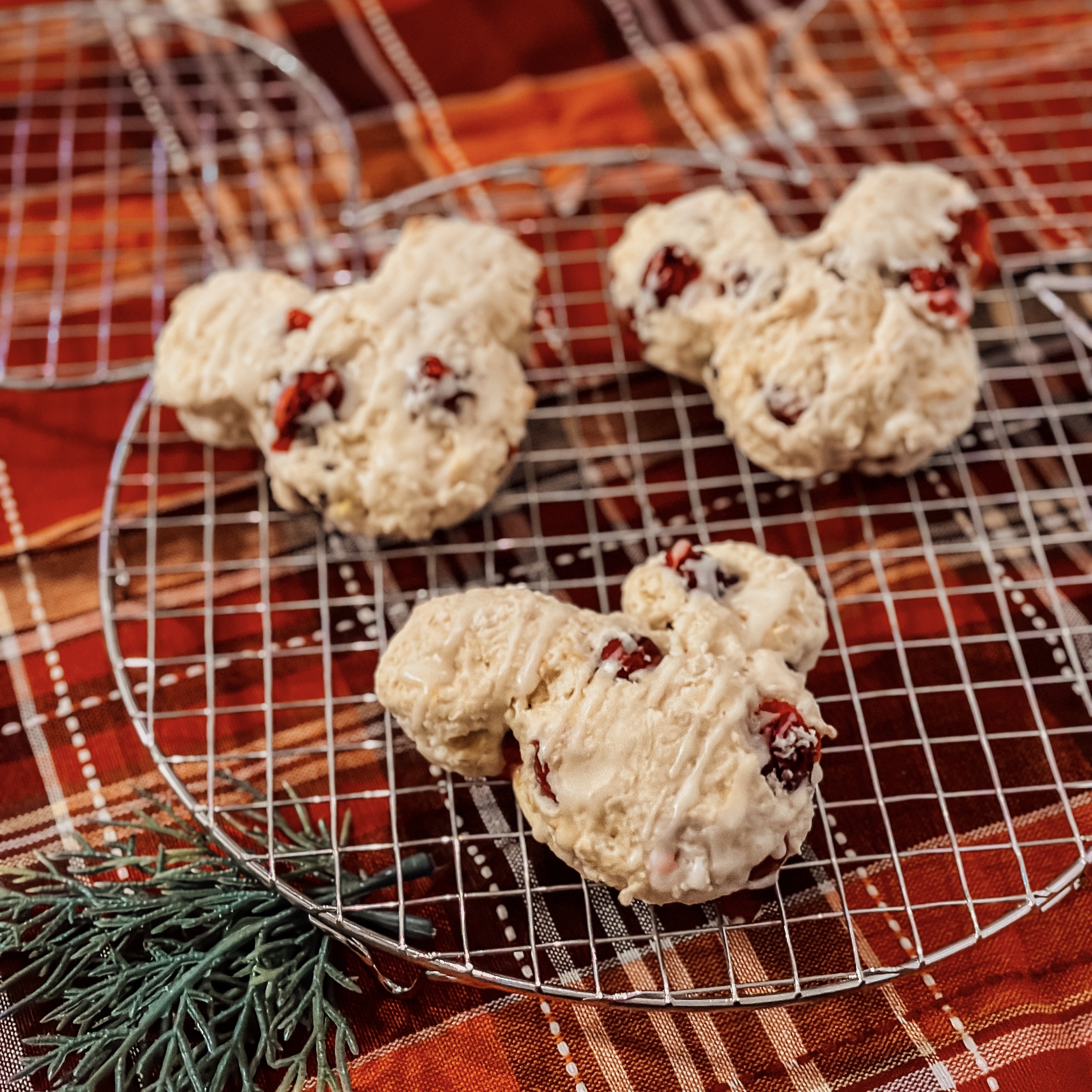 Cranberry Orange Mickey Scones (three Mickey shaped scones with fresh cranberries and orange zest on a wire rack)