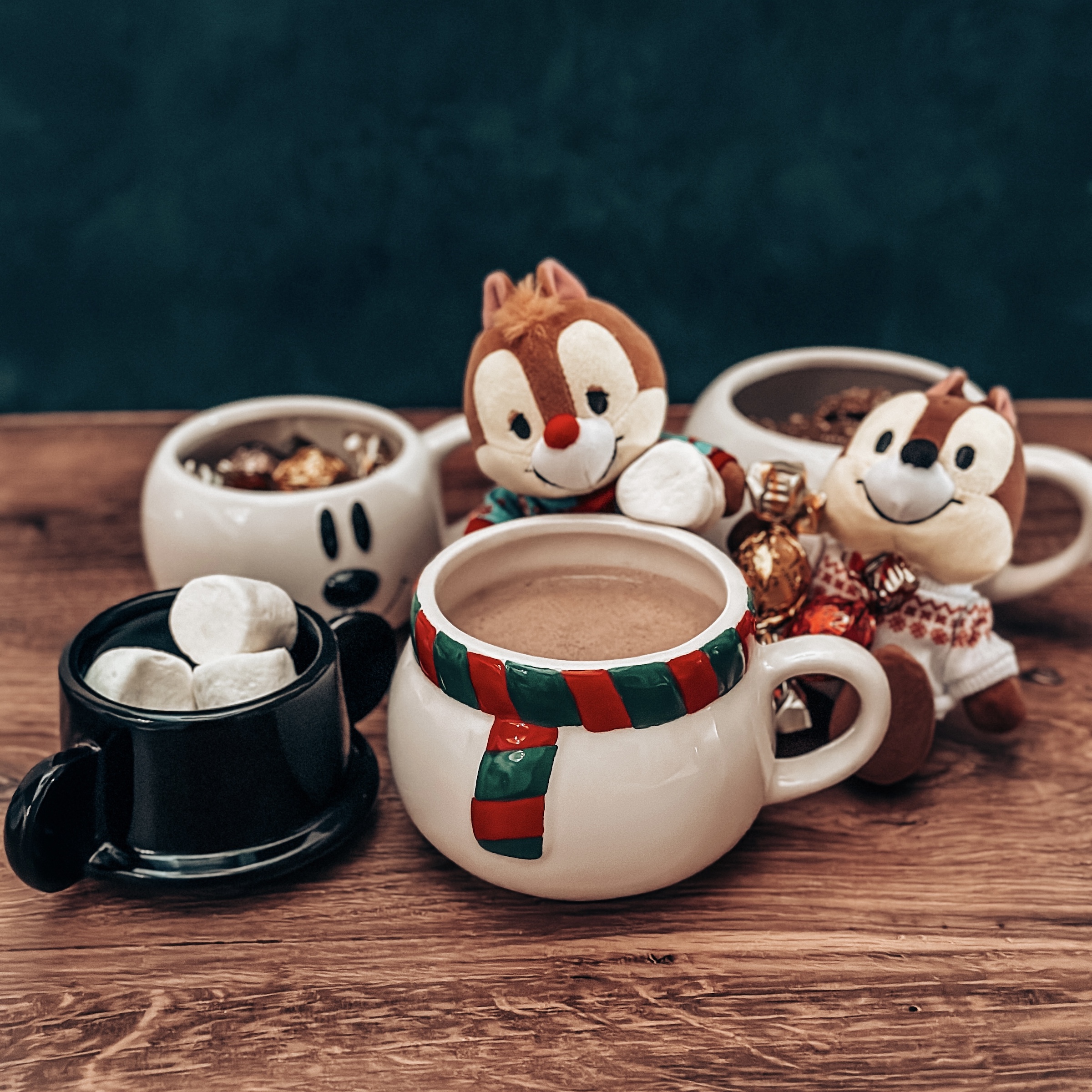 Chip & Dale's Hazelnut Cooca (Hot cocoa with hazelnut syrup in a snowman mug)