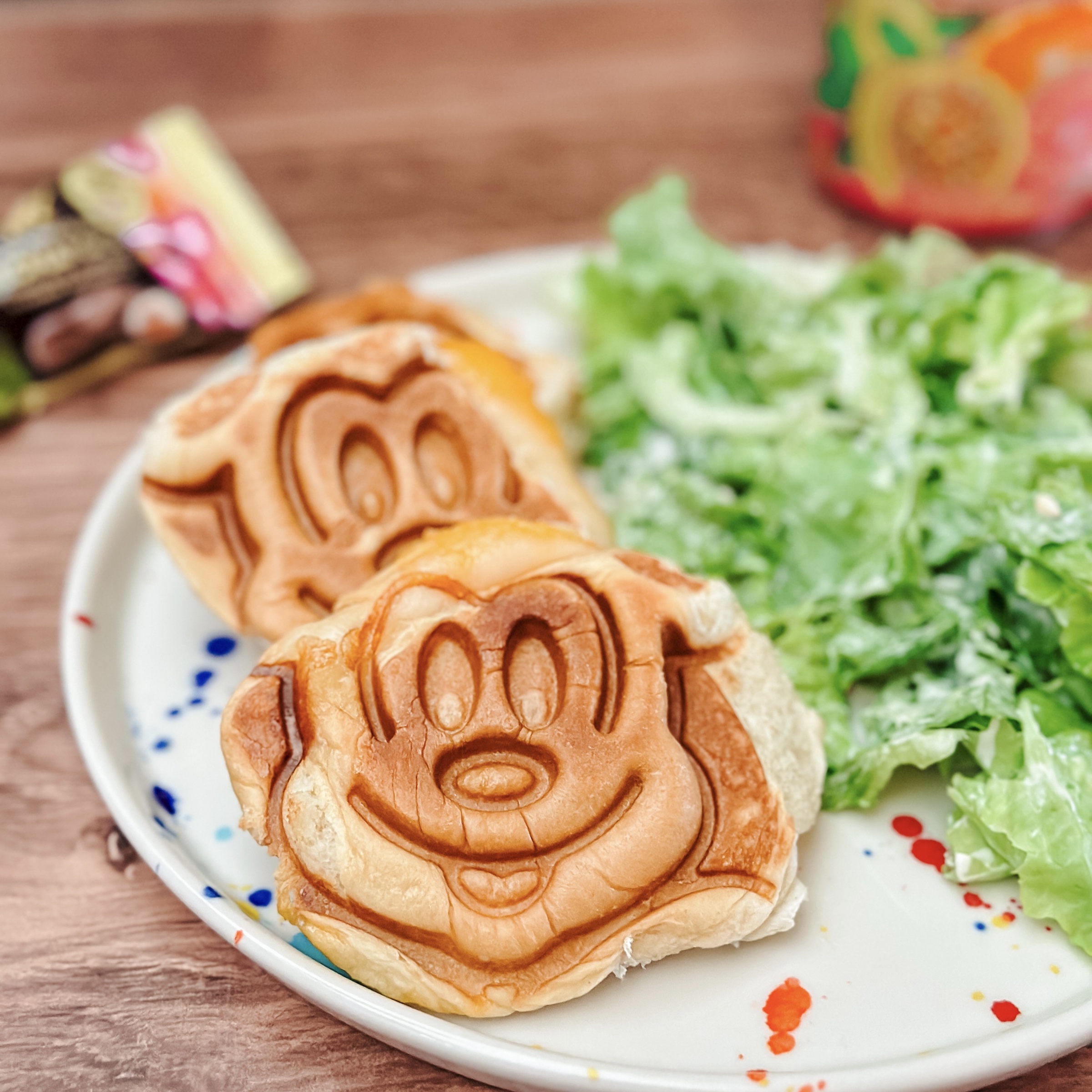 Mickey Grilled Cheese sandwiches with a salad