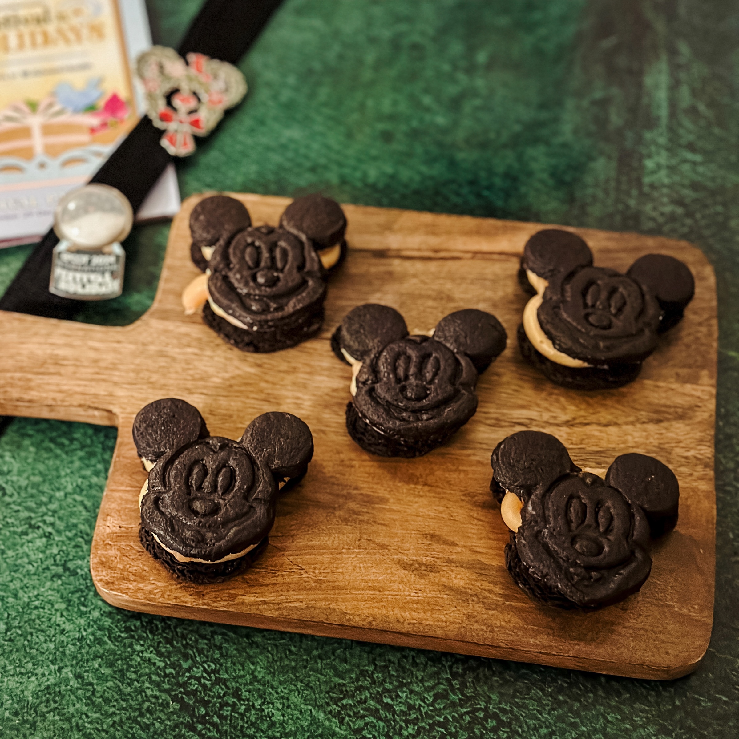 Mickey Caramel Chocolate Sandwich Cookies (chocolate mickey shaped cookies filled with caramel and whipped caramel frosting)